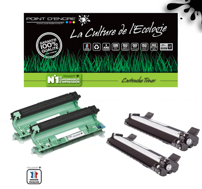 TN1050 / DR1050 - 2 X Cartouche / 2 X Tambour - Noir - Grande capacité Marque Francaise POINT D'ENCRE pour Imprimantes compatibles Brother (clp)