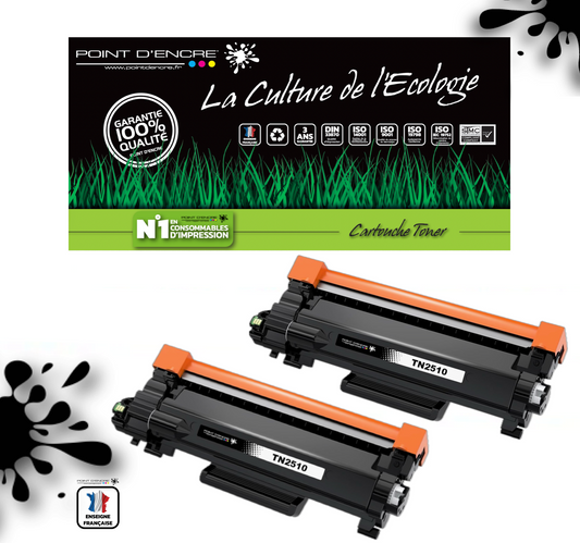 TN2510XL - 2 X NOIR - Grande capacité Marque Francaise POINT D'ENCRE pour Imprimantes compatibles Brother (clbr)