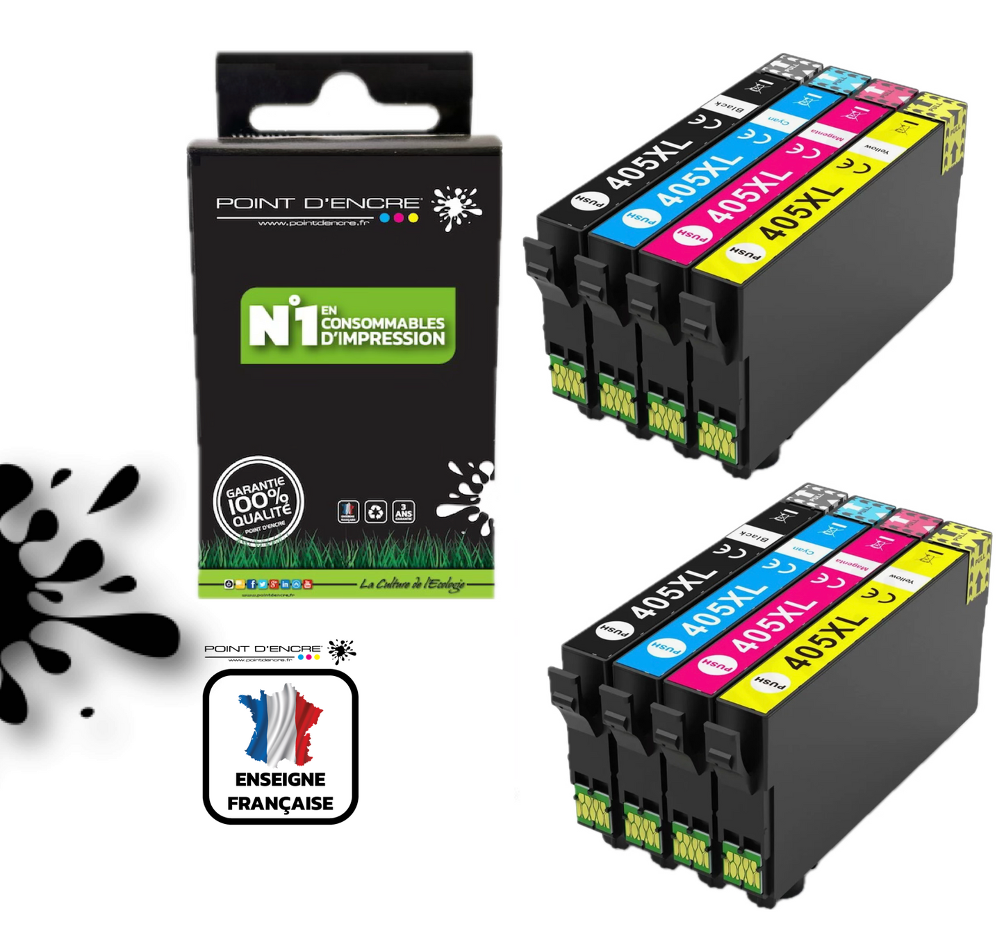 2 X 405XL - Valise - Pack de 4 Cartouches D'encre Noir/Cyan/Magenta/ Jaune - Grande capacité de Marque Française POINT D'ENCRE Pour imprimante compatible EPSON (cee)