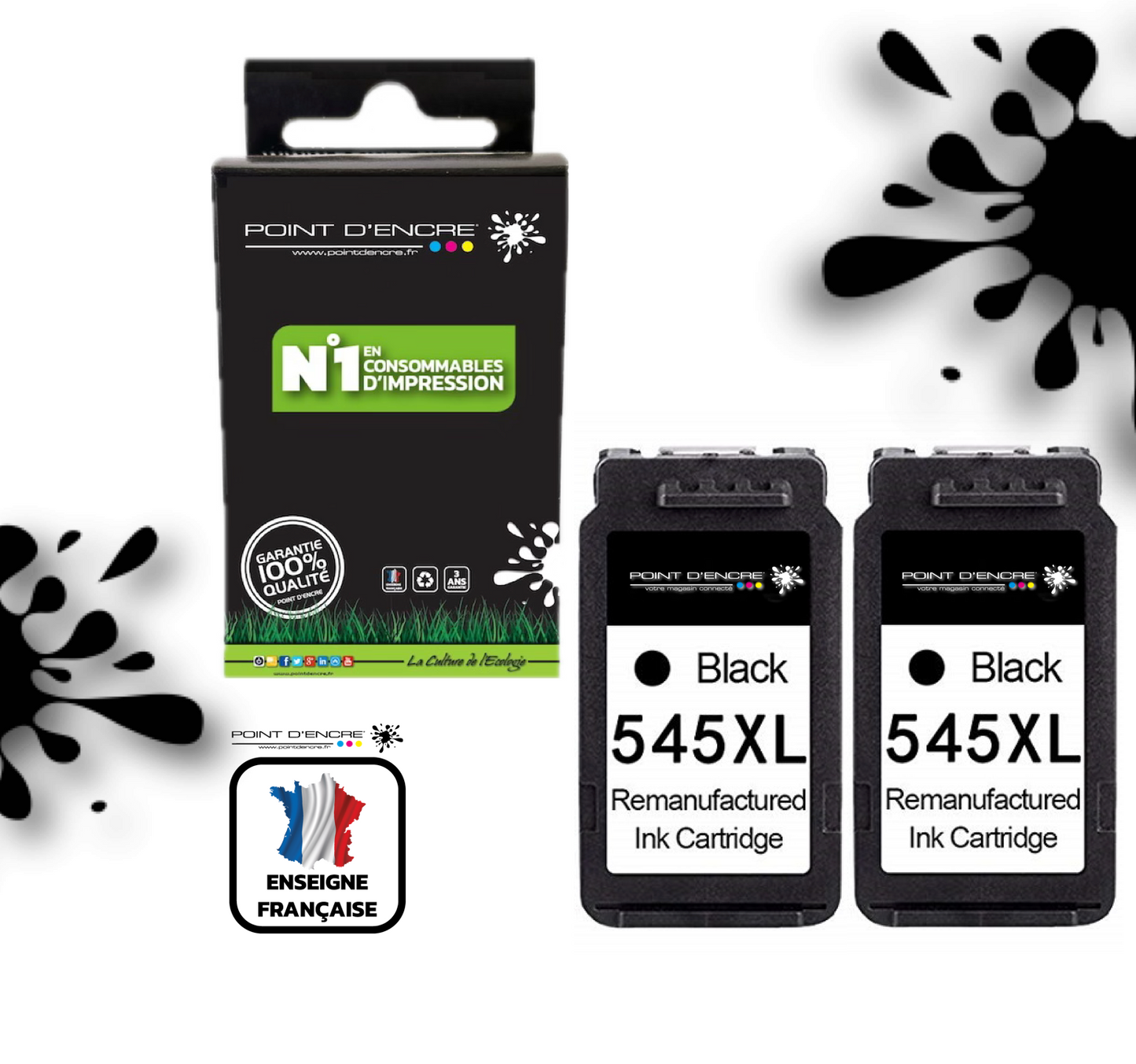 545XL - 2 X NOIR - 8286B001 / 8287B001 - Grande capacité de Marque Francaise POINT D'ENCRE - Pour imprimante compatible CANON (cec)