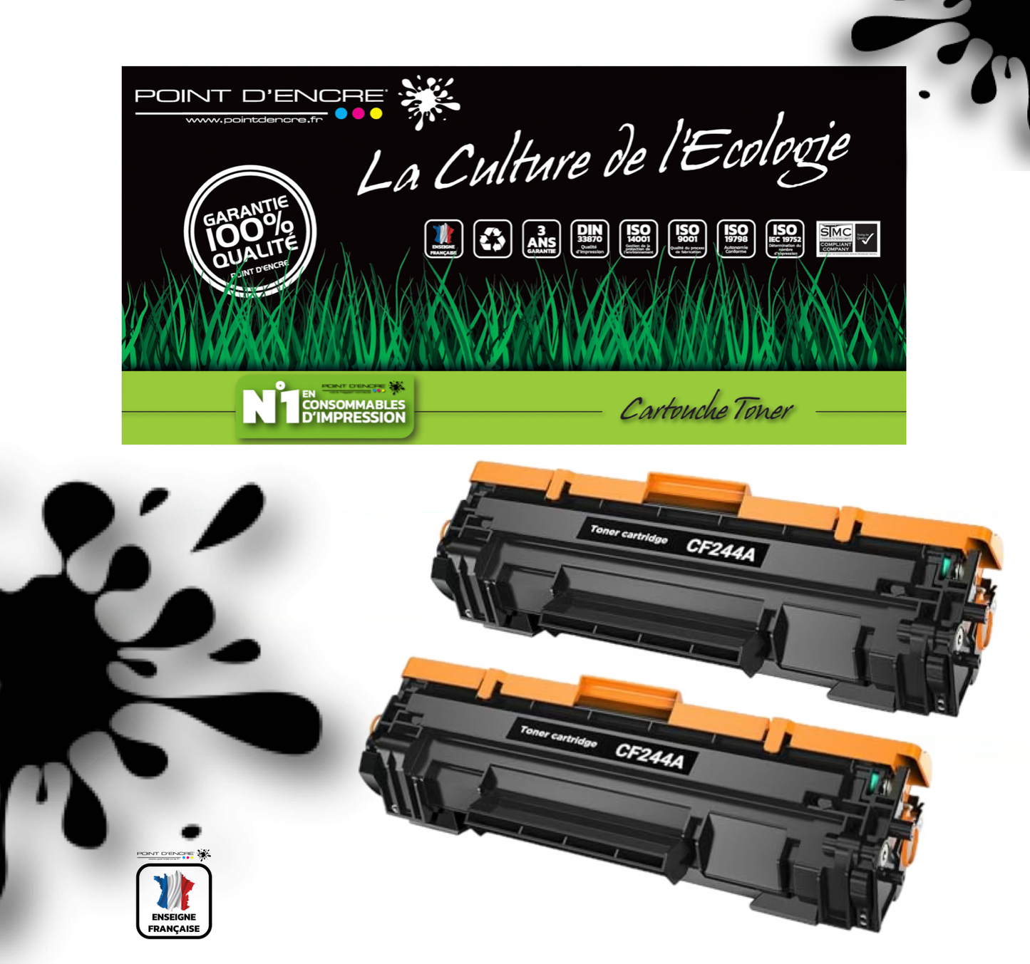 2 X CF244A/44A - Noir - Grande capacité Marque Francaise POINT D'ENCRE pour Imprimantes compatibles HP (clhp)