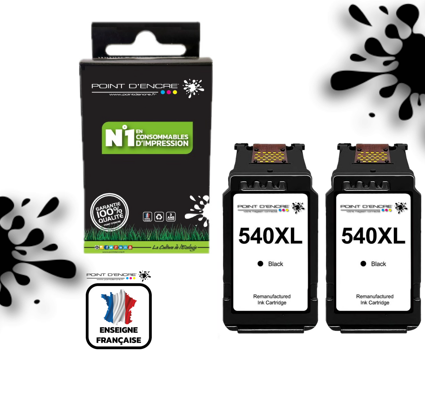 2 X PG-540XL - 2 X NOIR - 5222B005 / PG-540 XL - Grande capacité de Marque Française POINT D'ENCRE - Pour imprimante compatible CANON (cec)