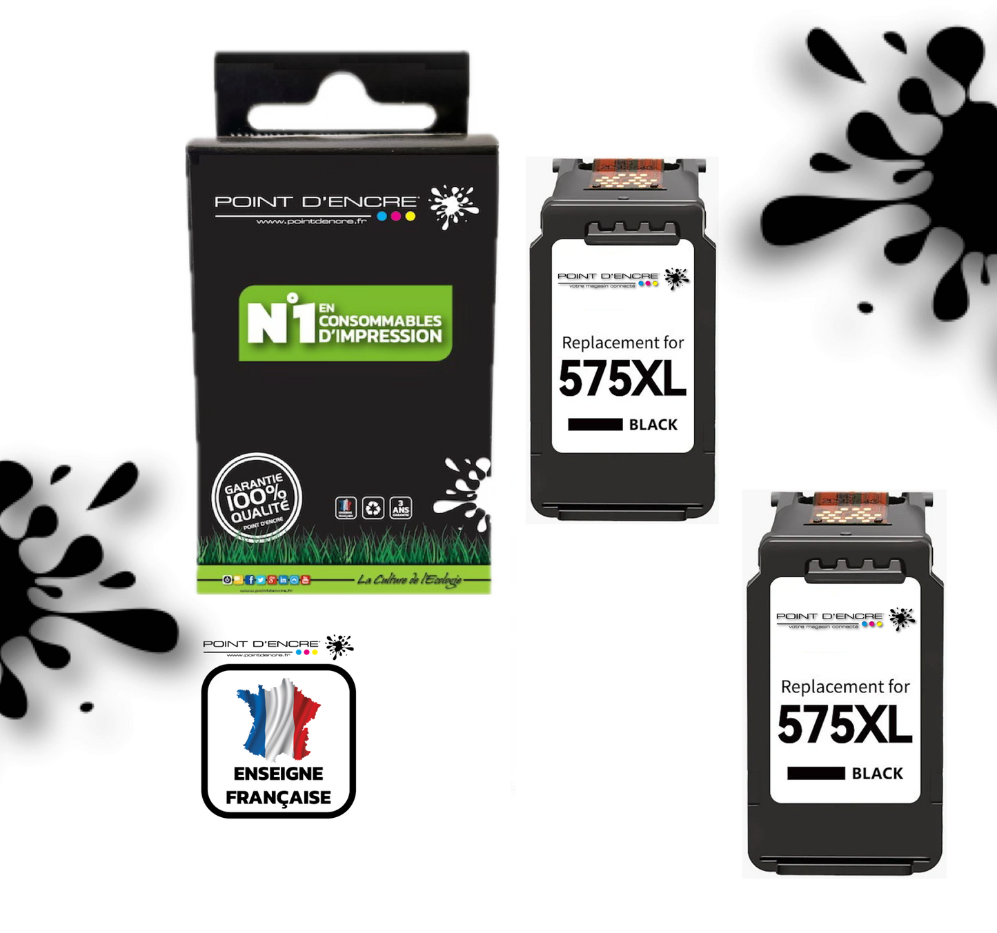 PG-575XL - 2 X NOIR  - Grande capacité de Marque Française POINT D'ENCRE - Pour imprimante compatible CANON (cec)