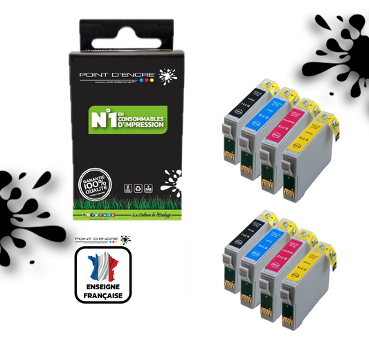 T0715 - Guépard - 2 X Pack de 4 Cartouches D'encre T0711-Noir/ T0712 Cyan/ T0713 Magenta/ T0714 Jaune - Grande capacité de Marque Française POINT D'ENCRE Pour imprimante compatible EPSON (cee)