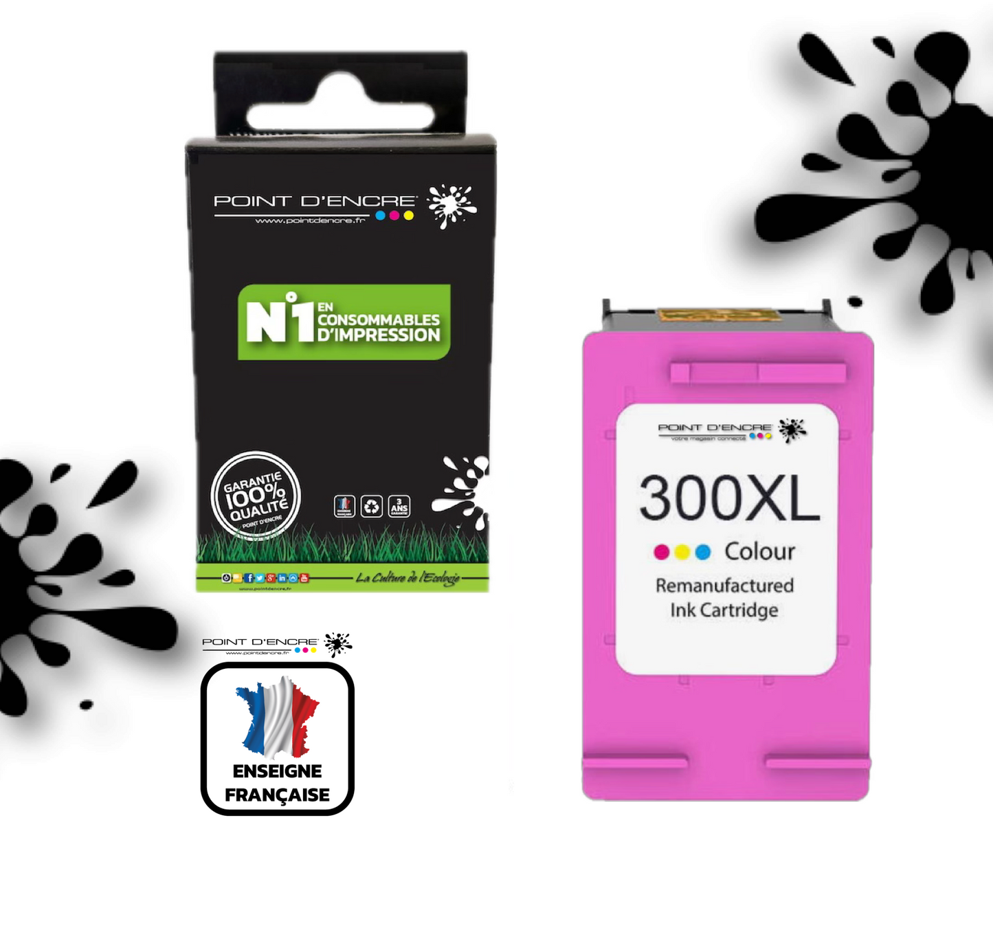300XL - COULEUR - Grande capacité de Marque Francaise POINT D'ENCRE - Pour imprimante compatible HP (cehp)