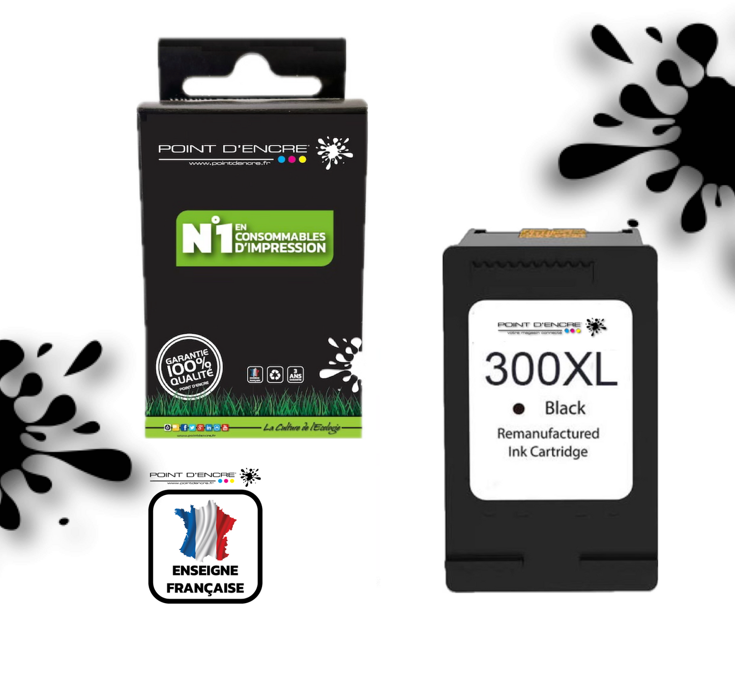 300XL - NOIR  - Grande capacité de Marque Francaise POINT D'ENCRE - Pour imprimante compatible HP (cehp)