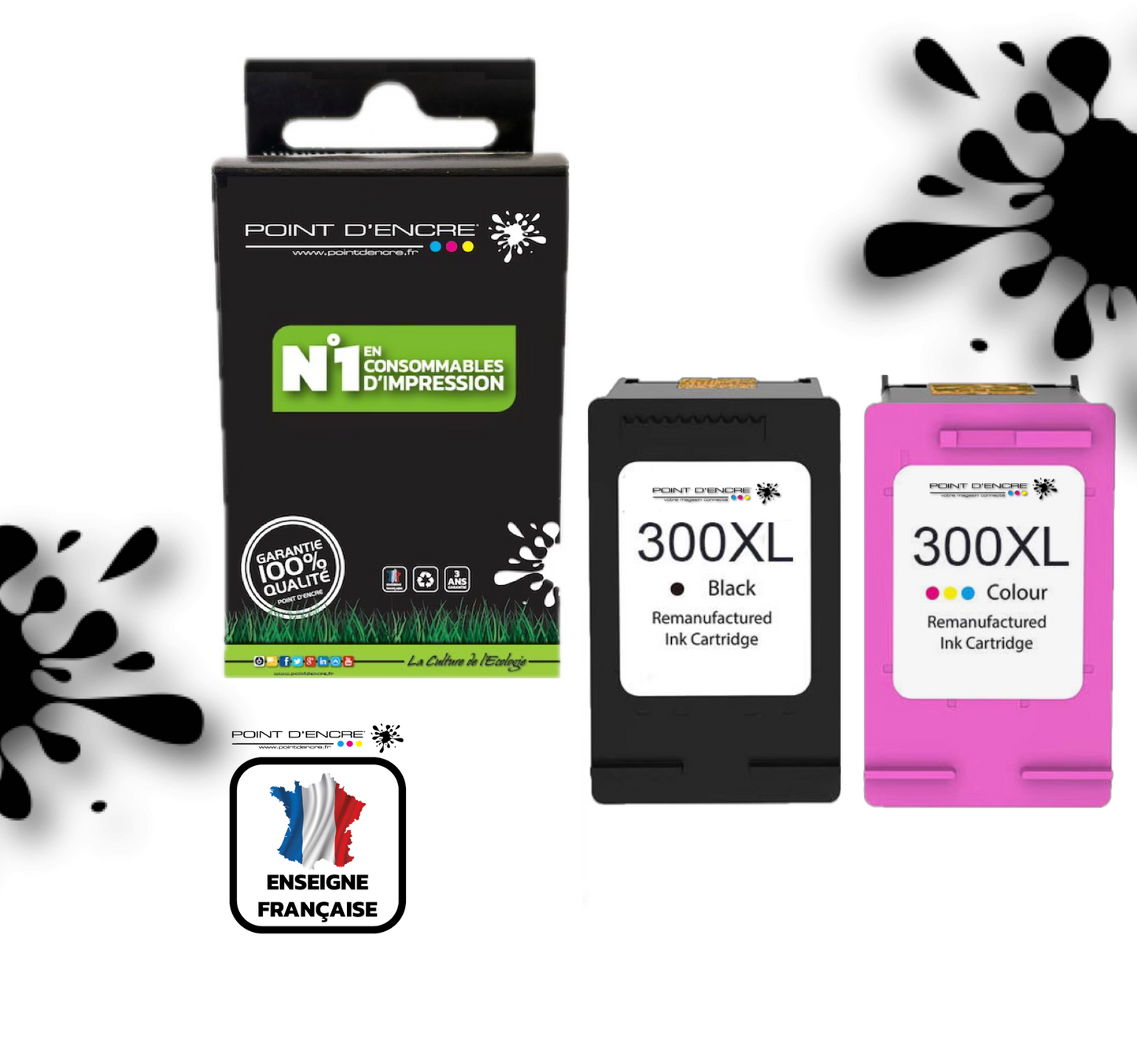 300XL - NOIR / COULEUR - Grande capacité de Marque Francaise POINT D'ENCRE - Pour imprimante compatible HP (cehp)