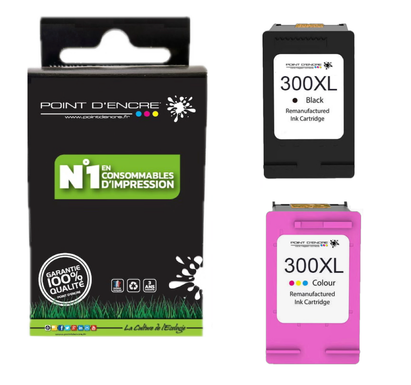 300XL - NOIR / COULEUR - Grande capacité de Marque Francaise POINT D'ENCRE - Pour imprimante compatible HP (cehp)
