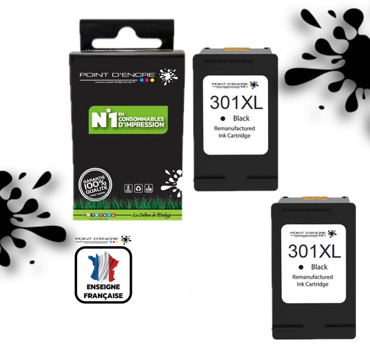301XL / 301 - 2 X NOIR  - Grande capacité de Marque Francaise POINT D'ENCRE - Pour imprimante compatible HP (cehp)