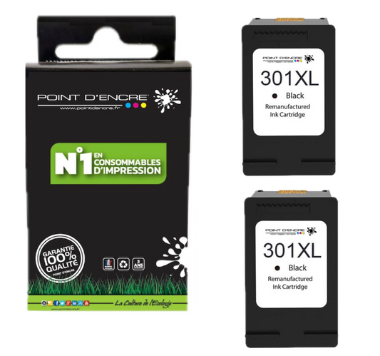 301XL / 301 - 2 X NOIR  - Grande capacité de Marque Francaise POINT D'ENCRE - Pour imprimante compatible HP (cehp)