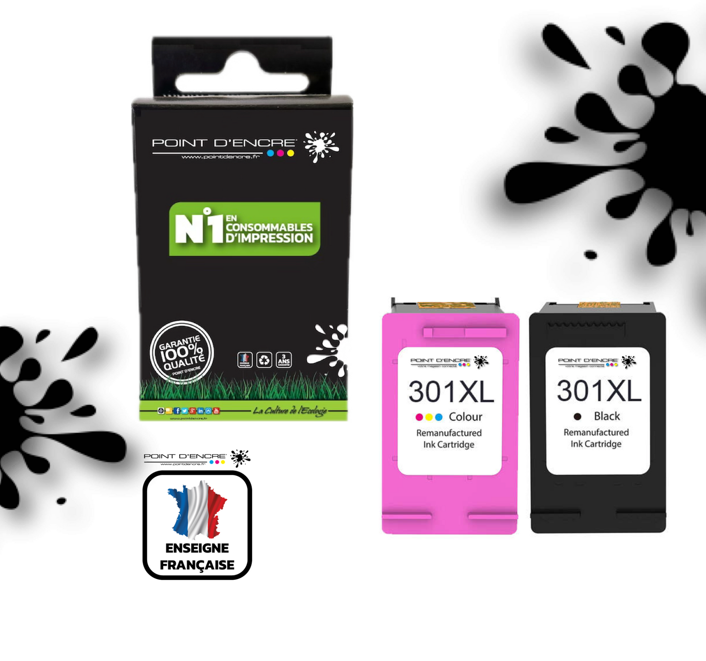 301XL / 301 - Abonnement  - Cartouches NOIR & COULEUR Grande capacité de Marque Francaise POINT D'ENCRE - Pour imprimante compatible HP (cehp)