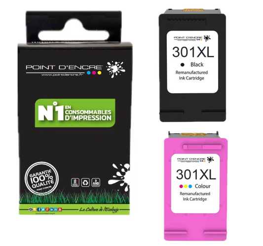 301XL / 301 - NOIR & COULEUR - Grande capacité de Marque Francaise POINT D'ENCRE - Pour imprimante compatible HP (cehp)