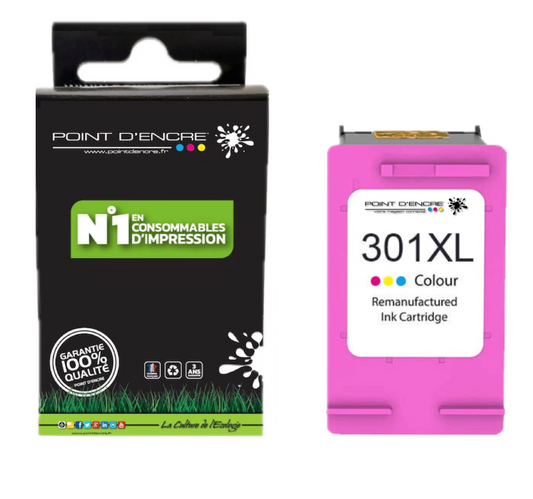 301XL / 301 - COULEUR - Grande capacité de Marque Francaise POINT D'ENCRE - Pour imprimante compatible HP (cehp)