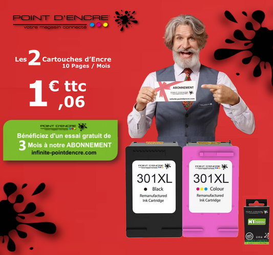 301XL / 301 - Abonnement  - Cartouches NOIR & COULEUR Grande capacité de Marque Francaise POINT D'ENCRE - Pour imprimante compatible HP (cehp)