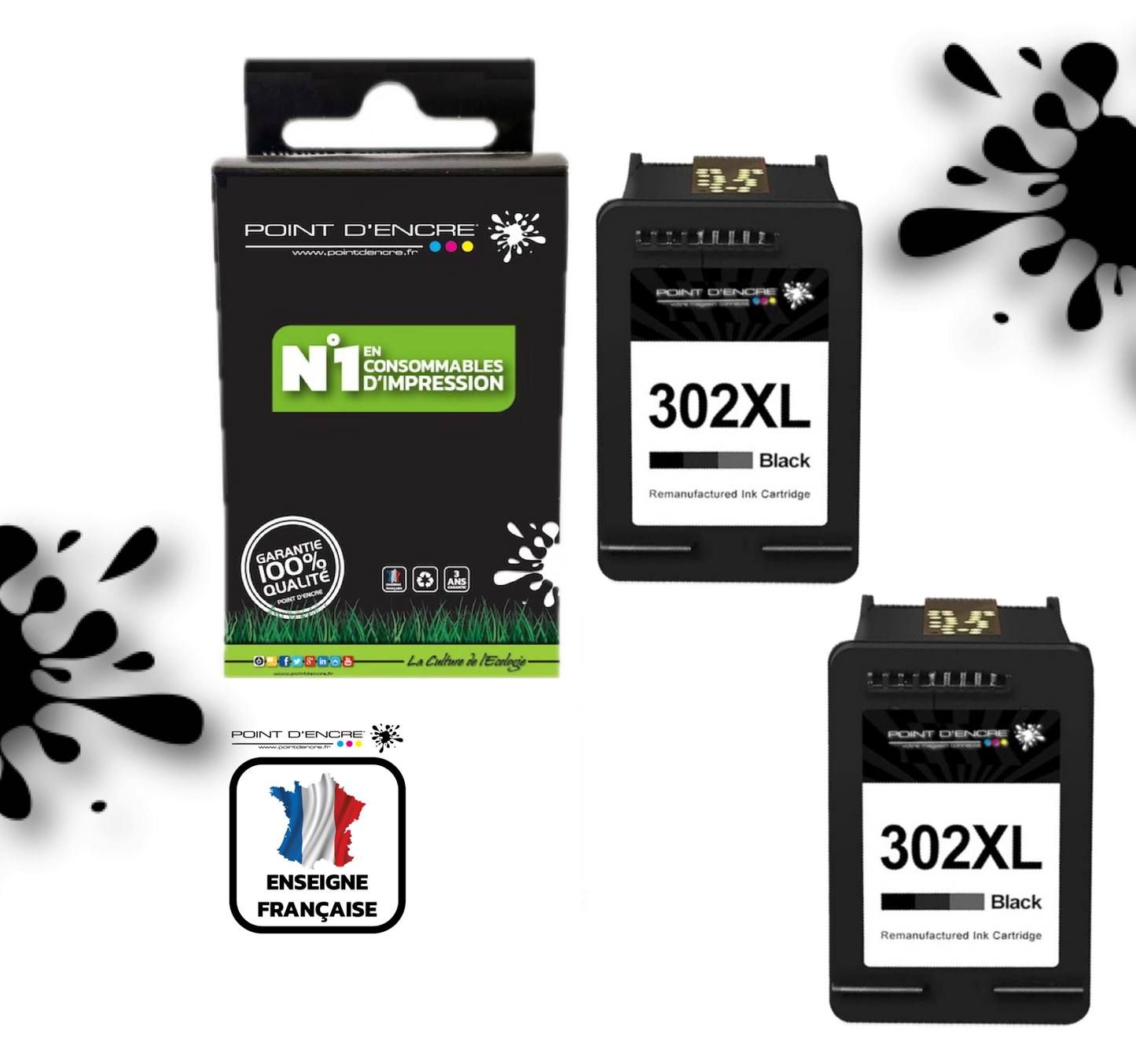 302XL / 302 - 2 X NOIR - Grande capacité de Marque Francaise POINT D'ENCRE - Pour imprimante compatible HP (cehp)