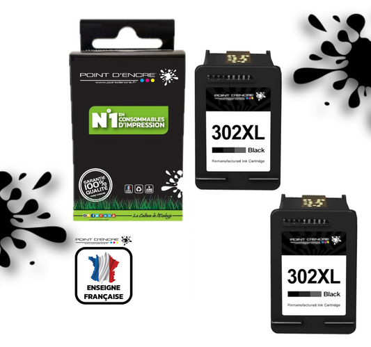 302XL / 302 - 2 X NOIR - Grande capacité de Marque Francaise POINT D'ENCRE - Pour imprimante compatible HP (cehp)