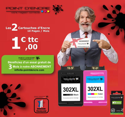 302XL / 302 - Abonnement  - Cartouches NOIR & COULEUR Grande capacité de Marque Francaise POINT D'ENCRE - Pour imprimante compatible HP (cehp)