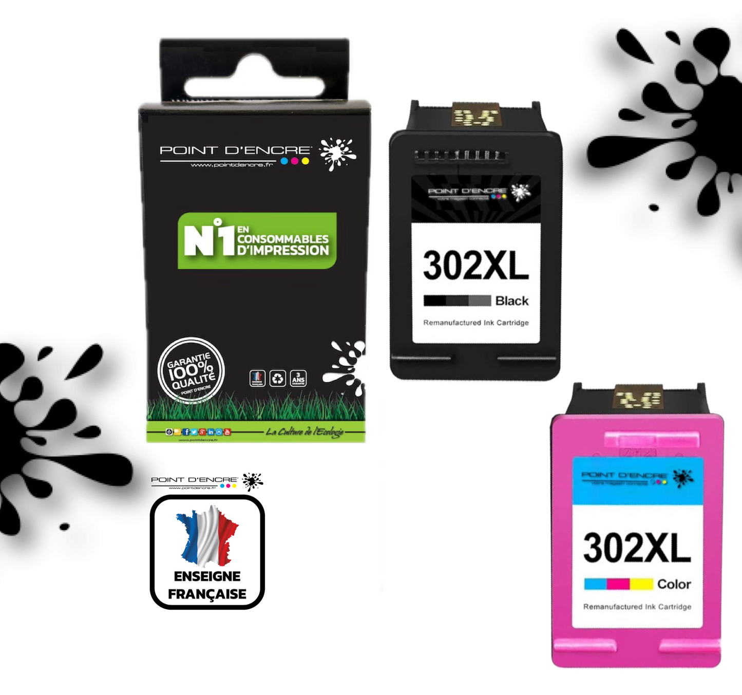 302XL / 302 - Abonnement  - Cartouches NOIR & COULEUR Grande capacité de Marque Francaise POINT D'ENCRE - Pour imprimante compatible HP (cehp)