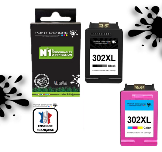 302XL / 302 - NOIR & COULEUR - Grande capacité de Marque Francaise POINT D'ENCRE - Pour imprimante compatible HP (cehp)