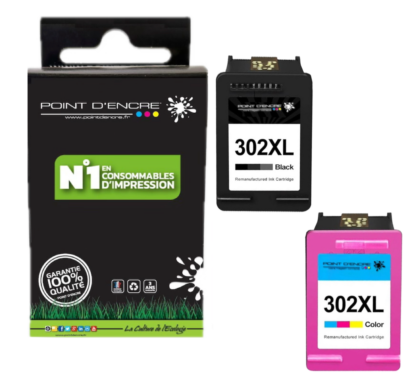 302XL / 302 - Abonnement  - Cartouches NOIR & COULEUR Grande capacité de Marque Francaise POINT D'ENCRE - Pour imprimante compatible HP (cehp)