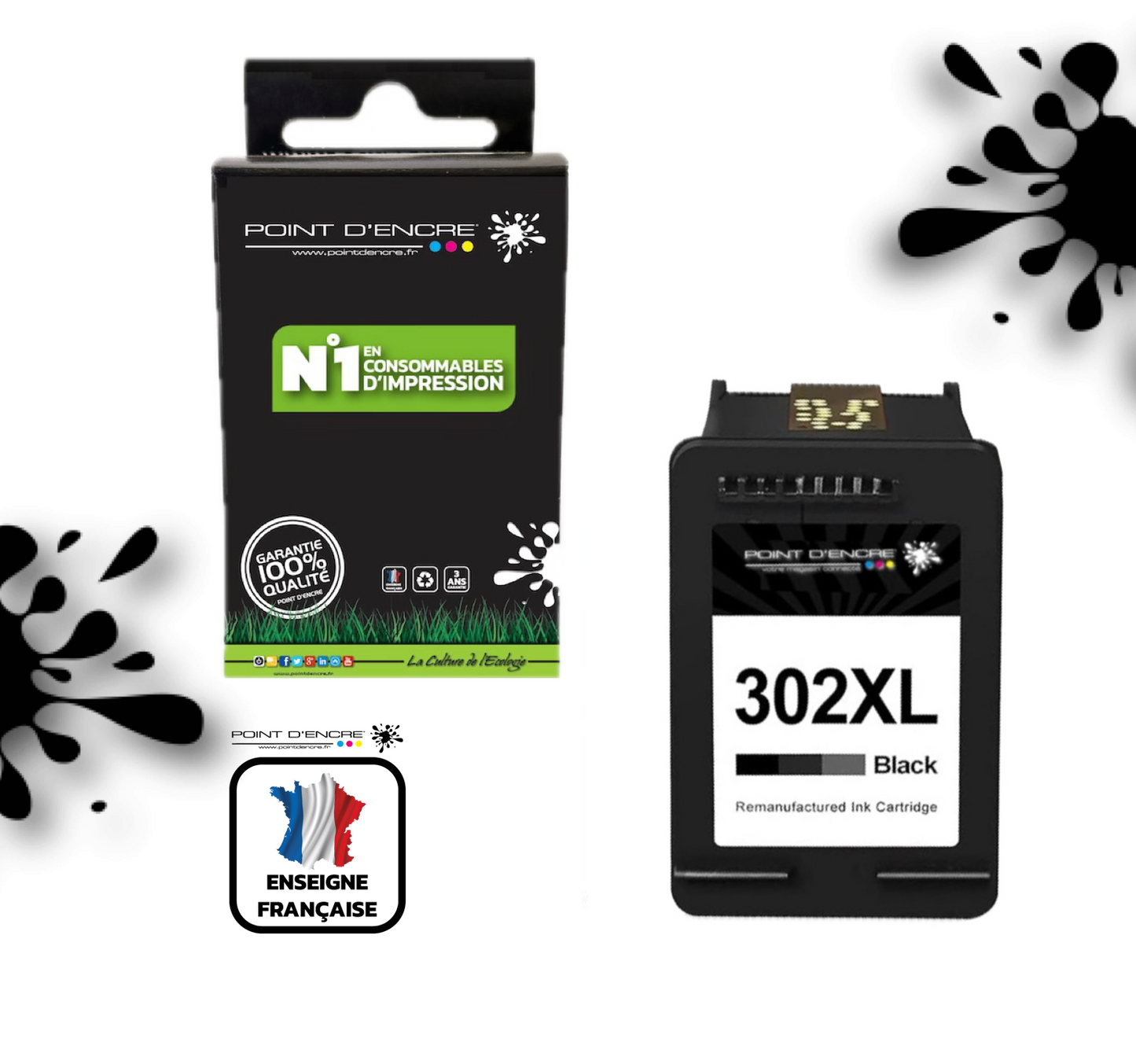 302XL / 302 - NOIR  - Grande capacité de Marque Francaise POINT D'ENCRE - Pour imprimante compatible HP (cehp)