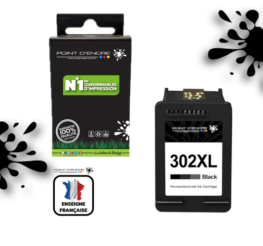 302XL / 302 - NOIR  - Grande capacité de Marque Francaise POINT D'ENCRE - Pour imprimante compatible HP (cehp)