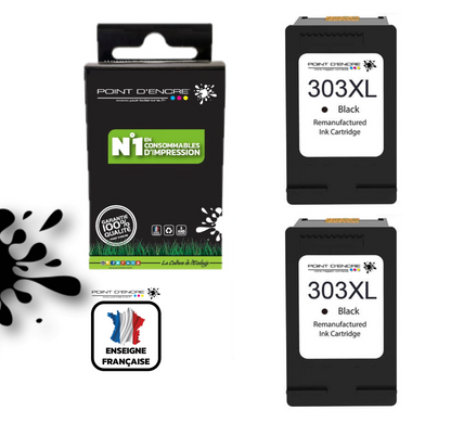 303XL / 303 - 2 X NOIR - Grande capacité de Marque Francaise POINT D'ENCRE - Pour imprimante compatible HP (cehp)