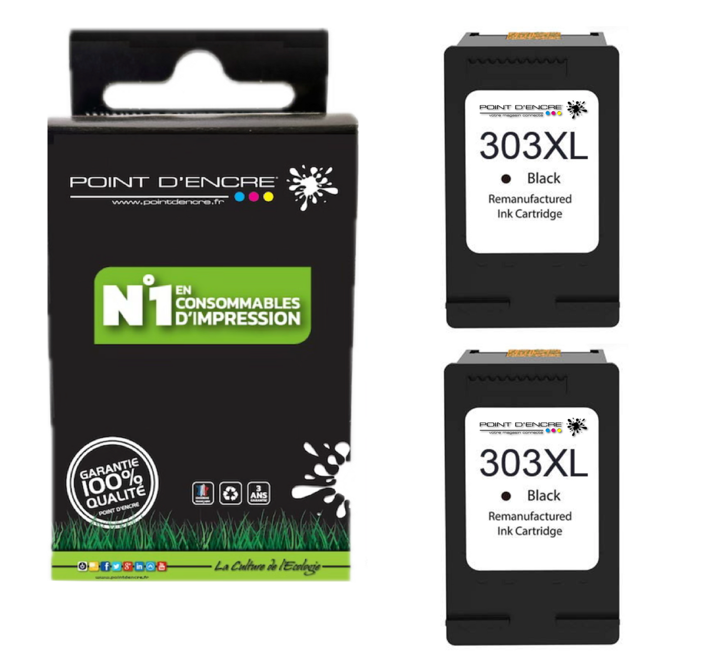 303XL / 303 - 2 X NOIR - Grande capacité de Marque Francaise POINT D'ENCRE - Pour imprimante compatible HP (cehp)