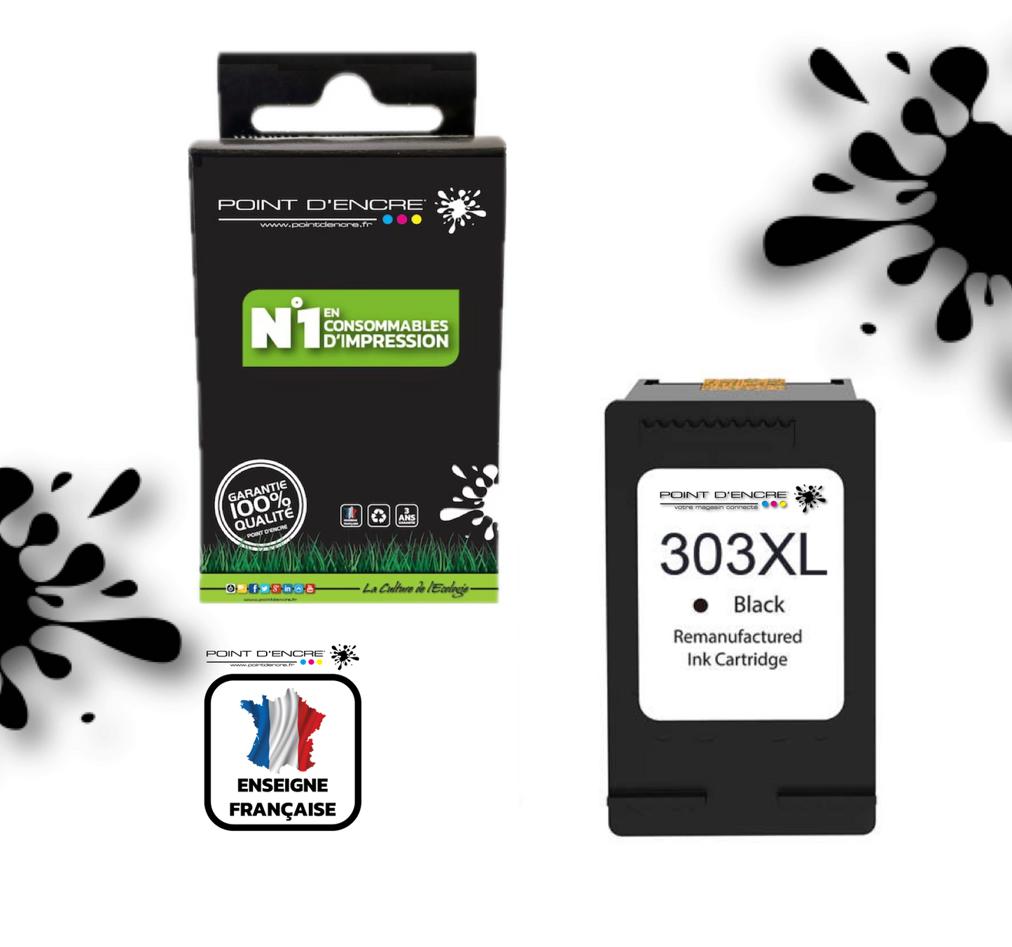 303XL / 303 - NOIR - Grande capacité de Marque Francaise POINT D'ENCRE - Pour imprimante compatible HP (cehp)