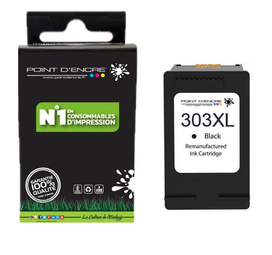 303XL / 303 - NOIR - Grande capacité de Marque Francaise POINT D'ENCRE - Pour imprimante compatible HP (cehp)