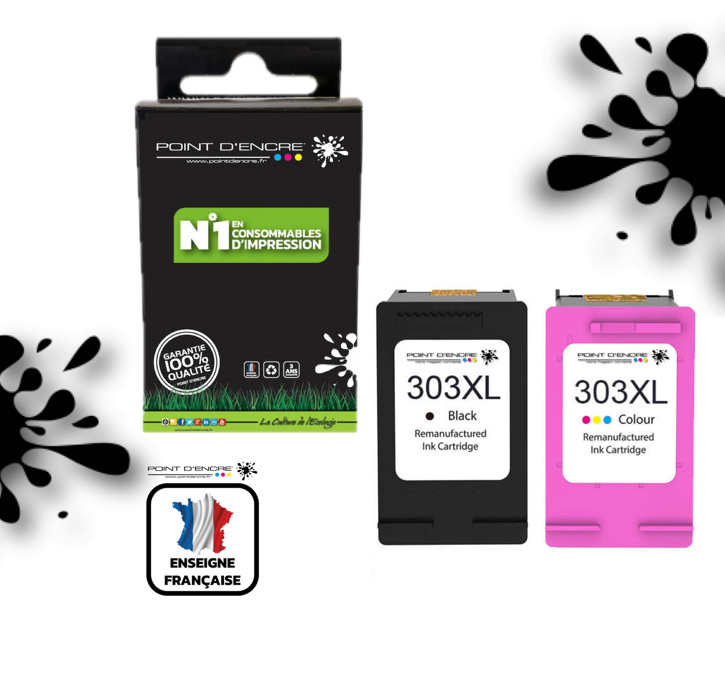 303XL / 303 - NOIR & COULEUR - Grande capacité de Marque Francaise POINT D'ENCRE - Pour imprimante compatible HP (cehp)