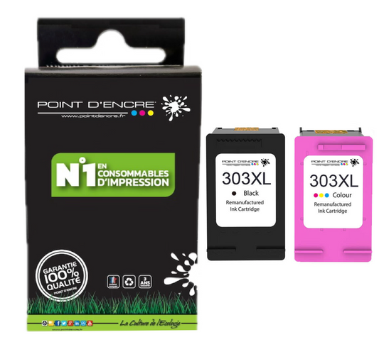 303XL / 303 - NOIR & COULEUR - Grande capacité de Marque Francaise POINT D'ENCRE - Pour imprimante compatible HP (cehp)