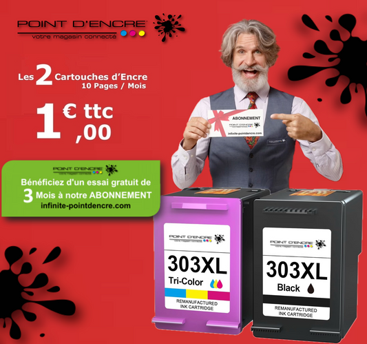 303XL / 303 - ABONNEMENT - NOIR & COULEUR - Grande capacité de Marque Francaise POINT D'ENCRE - Pour imprimante compatible HP (cehp)