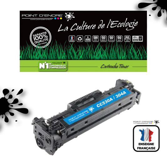 304A / CC530A - CYAN - Grande capacité Marque Francaise POINT D'ENCRE pour Imprimantes compatibles HP (clhp)