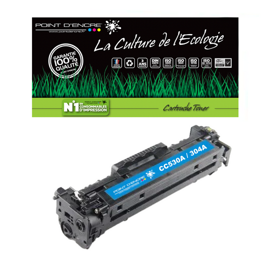 304A / CC530A - CYAN - Grande capacité Marque Francaise POINT D'ENCRE pour Imprimantes compatibles HP (clhp)
