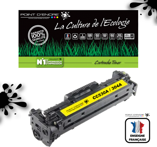 304A / CC530A - JAUNE - Grande capacité Marque Francaise POINT D'ENCRE pour Imprimantes compatibles HP (clhp)