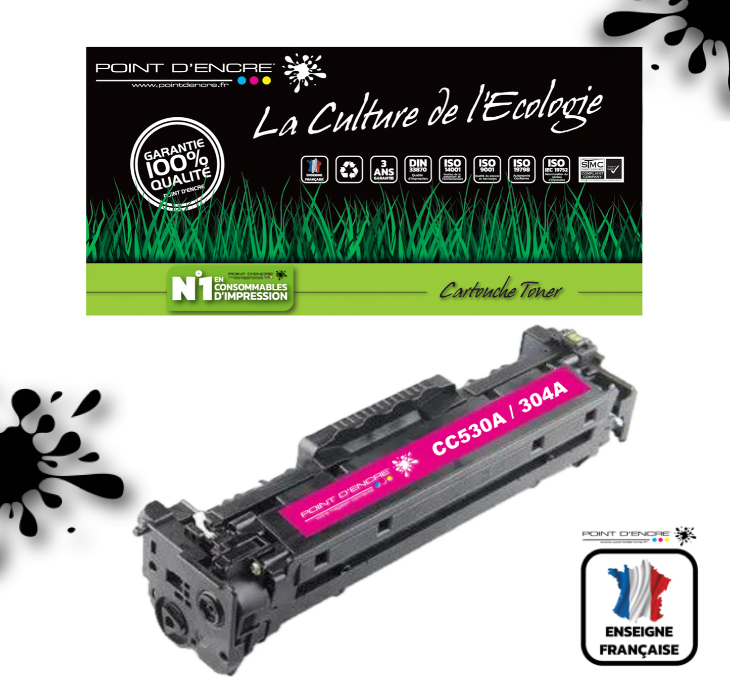 304A / CC530A - MAGENTA - Grande capacité Marque Francaise POINT D'ENCRE pour Imprimantes compatibles HP (clhp)
