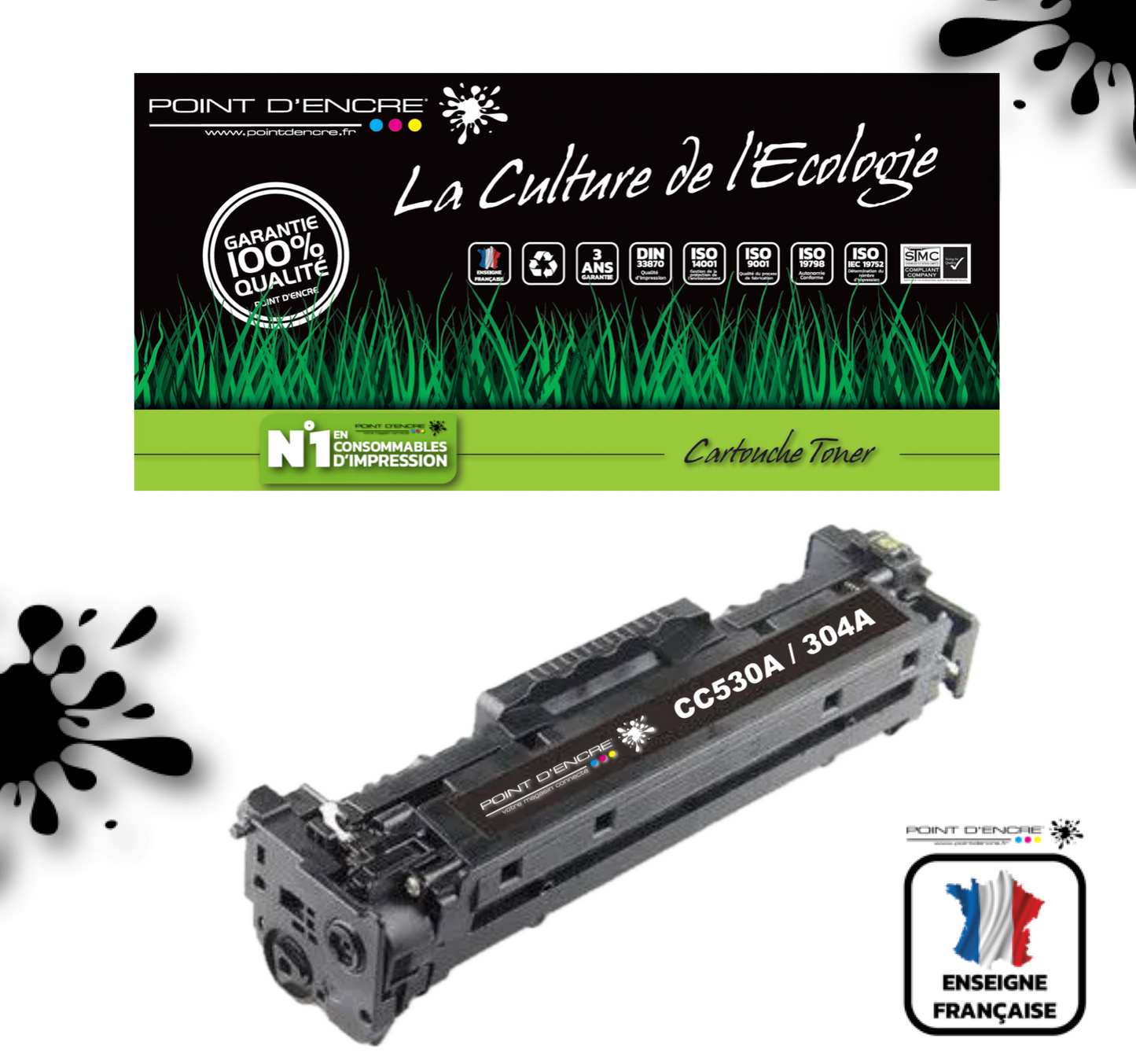 304A / CC530A - NOIR - Grande capacité Marque Francaise POINT D'ENCRE pour Imprimantes compatibles HP (clhp)