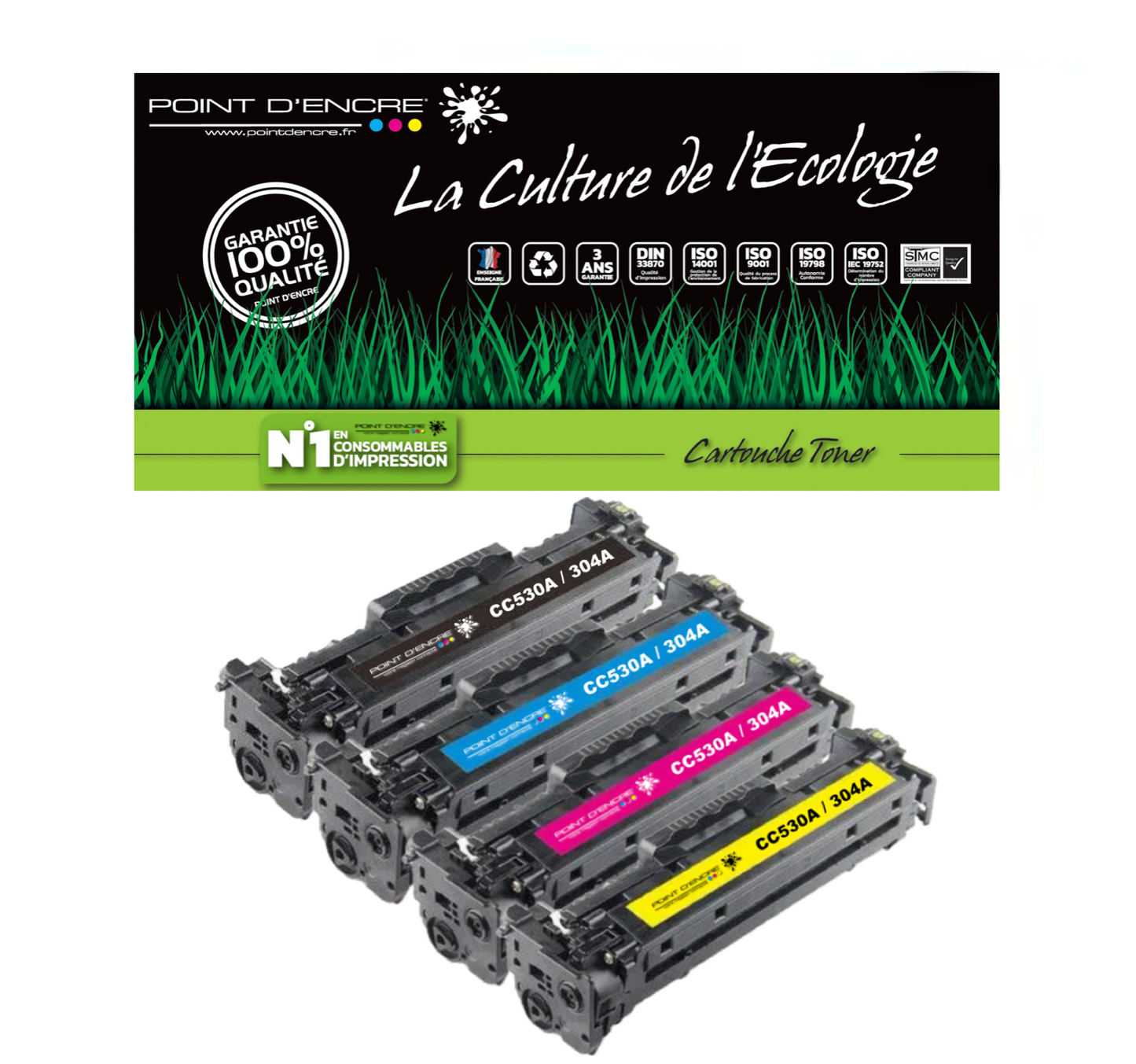 304A / CC530A - NOIR / CYAN / MAGENTA / JAUNE - Grande capacité Marque Francaise POINT D'ENCRE pour Imprimantes compatibles HP (clhp)
