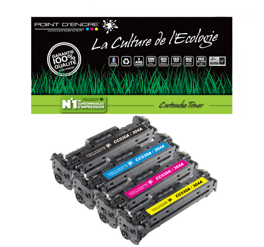 304A / CC530A - NOIR / CYAN / MAGENTA / JAUNE - Grande capacité Marque Francaise POINT D'ENCRE pour Imprimantes compatibles HP (clhp)