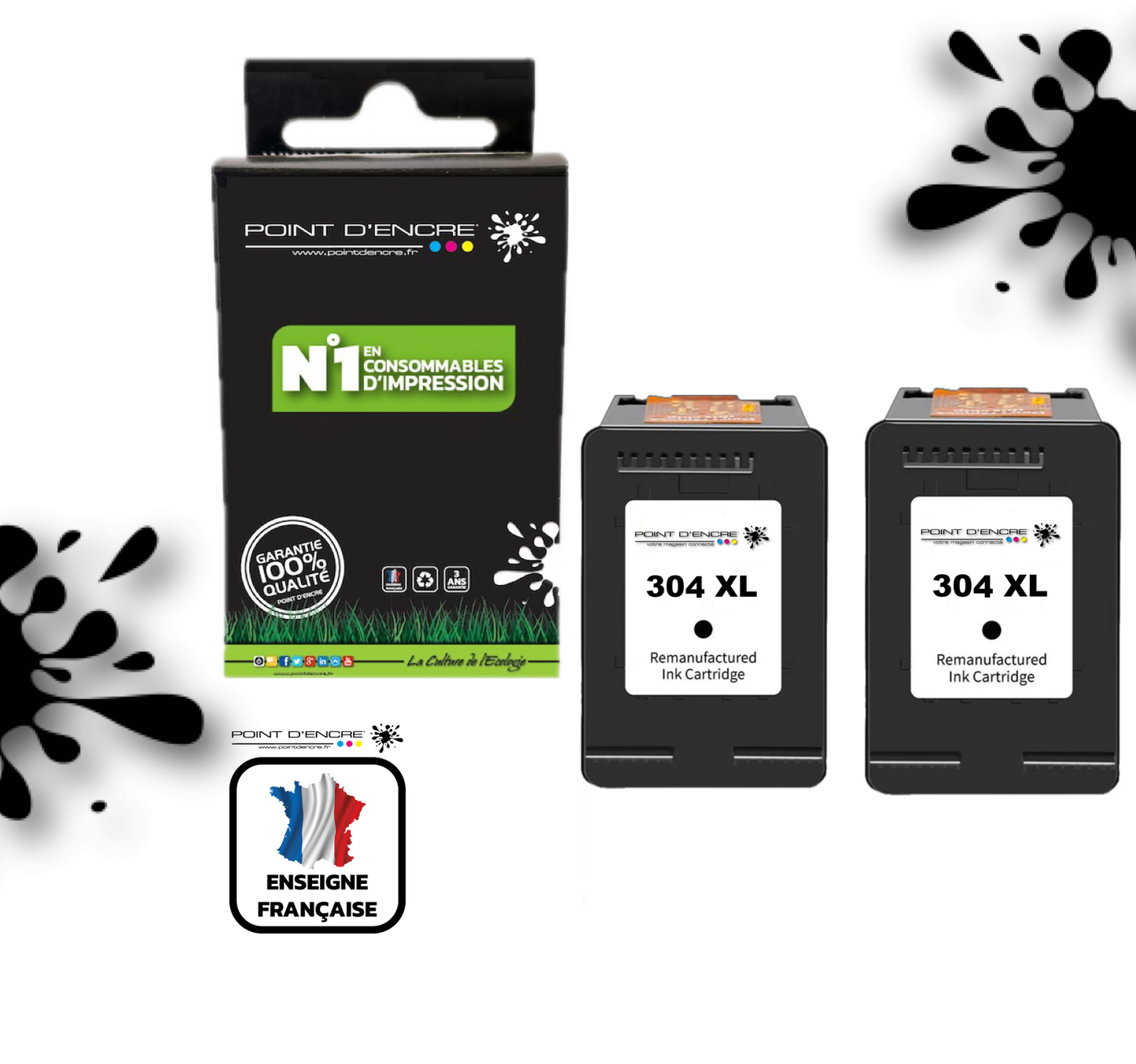 304XL / 304 - 2 X NOIR  - Grande capacité de Marque Francaise POINT D'ENCRE - Pour imprimante compatible HP (cehp)