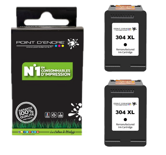 304XL / 304 - 2 X NOIR  - Grande capacité de Marque Francaise POINT D'ENCRE - Pour imprimante compatible HP (cehp)