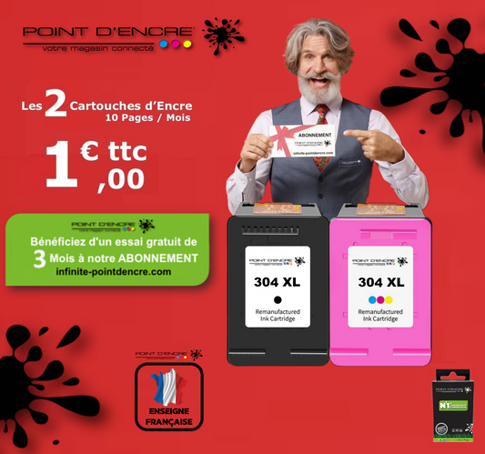 304XL / 304 - Abonnement - NOIR & COULEUR - Grande capacité de Marque Francaise POINT D'ENCRE - Pour imprimante compatible HP (cehp)