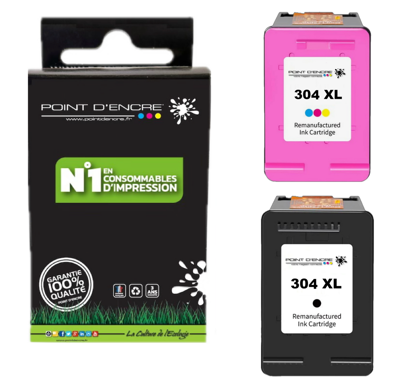304XL / 304 - Abonnement - NOIR & COULEUR - Grande capacité de Marque Francaise POINT D'ENCRE - Pour imprimante compatible HP (cehp)