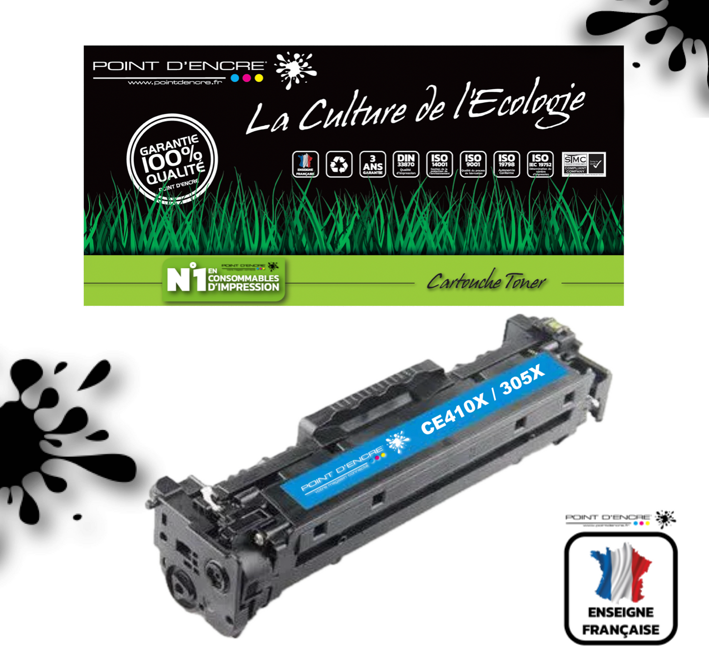 305X / CE410X - CYAN  - Grande capacité Marque Francaise POINT D'ENCRE pour Imprimantes compatibles HP (clhp)