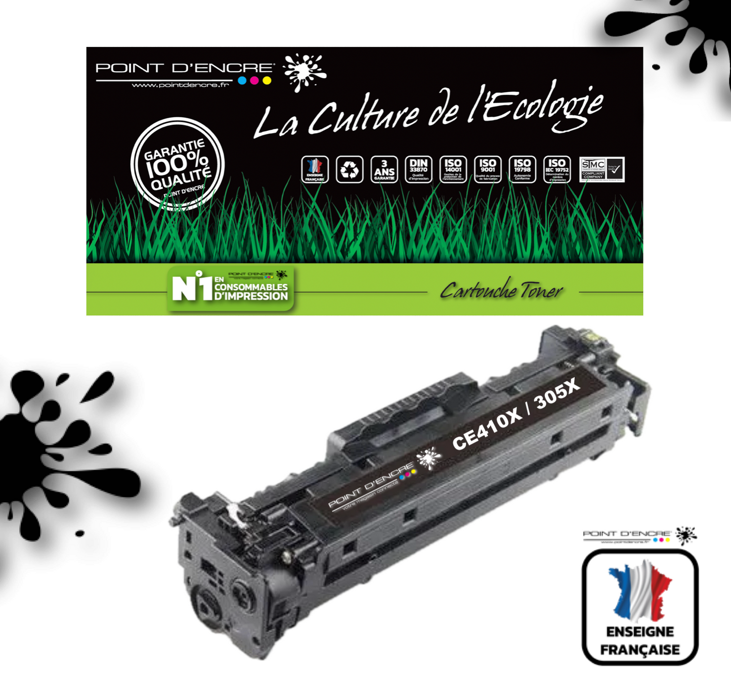 305X / CE410X - NOIR  - Grande capacité Marque Francaise POINT D'ENCRE pour Imprimantes compatibles HP (clhp)