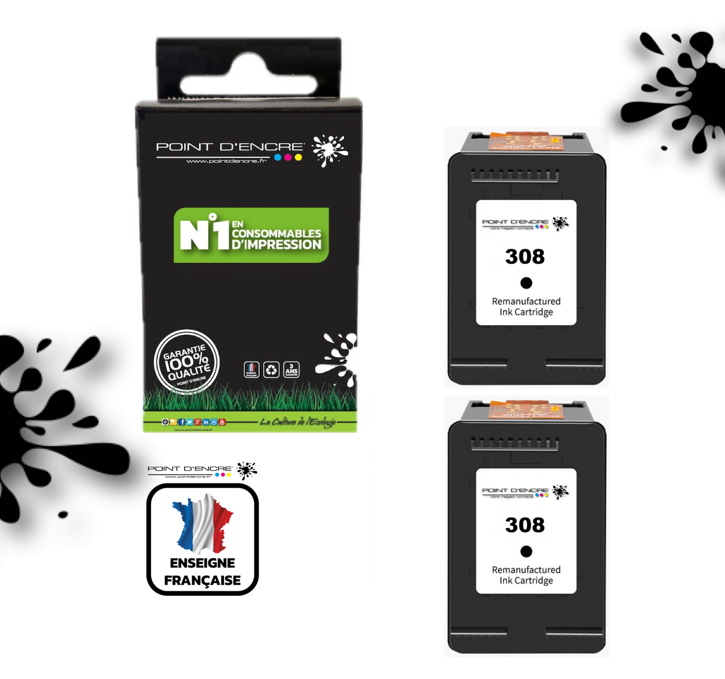 308 - 2 X NOIR  - 7FP21UE - Grande capacité de Marque Francaise POINT D'ENCRE - Pour imprimante compatible HP (cehp)