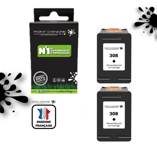 308 - 2 X NOIR  - 7FP21UE - Grande capacité de Marque Francaise POINT D'ENCRE - Pour imprimante compatible HP (cehp)