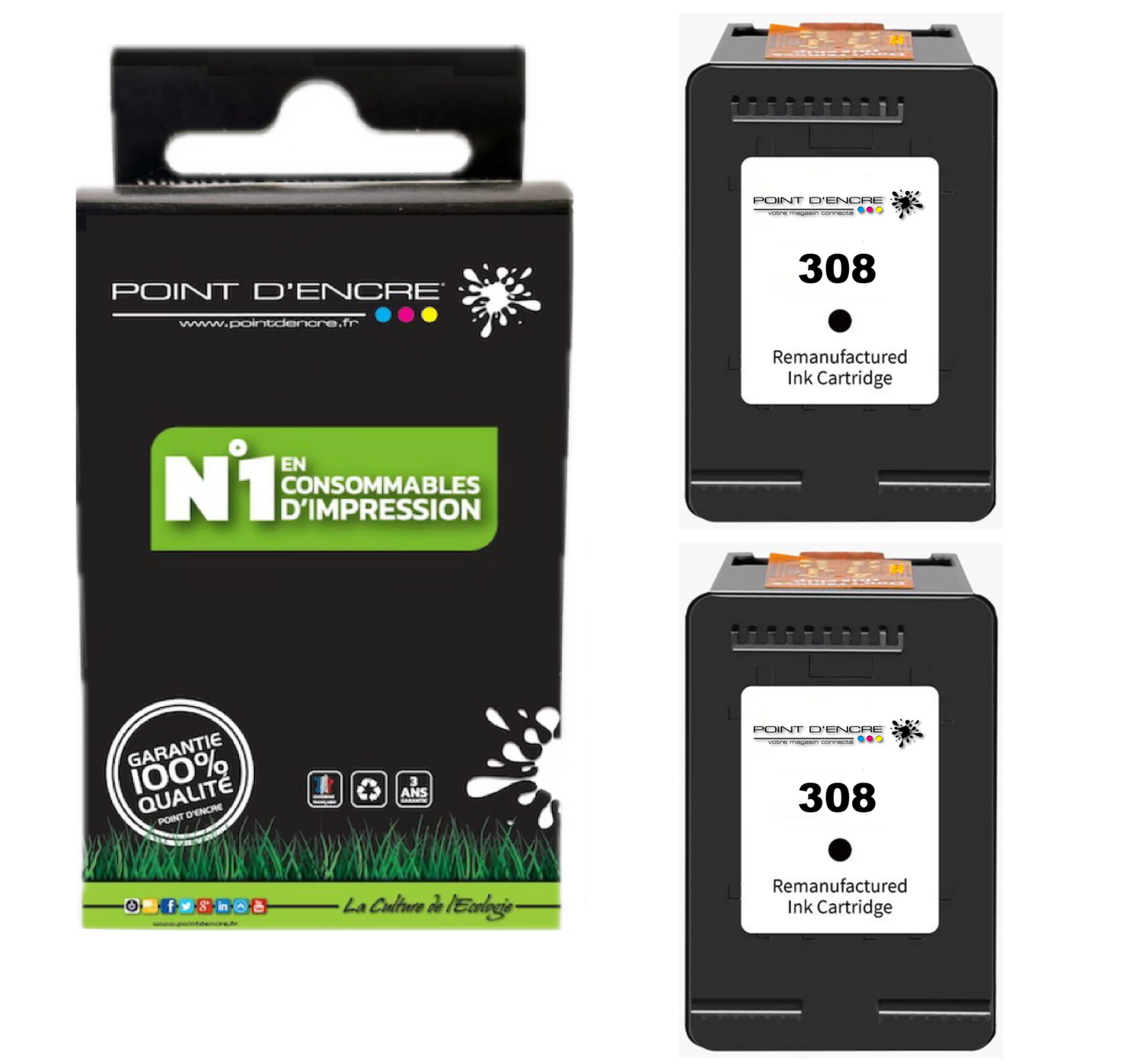 308 - 2 X NOIR  - 7FP21UE - Grande capacité de Marque Francaise POINT D'ENCRE - Pour imprimante compatible HP (cehp)