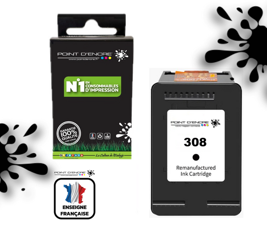 308 - NOIR  - 7FP21UE -  Grande capacité de Marque Francaise POINT D'ENCRE - Pour imprimante compatible HP (cehp)